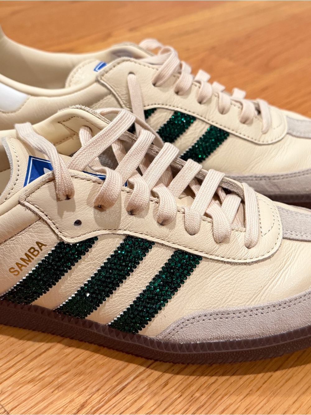 adidas Samba Men’s Cream Sneakers with Green Crystal Stripes - customized M12